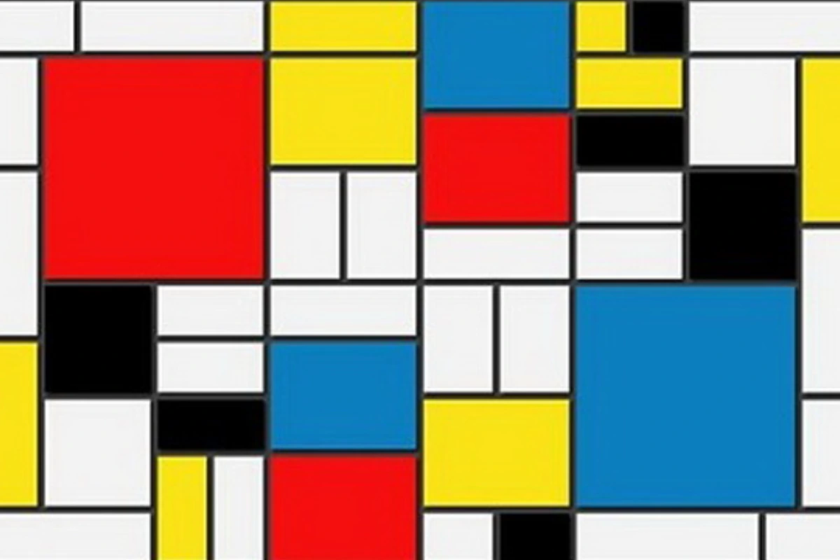 Phong trào De Stijl được thể hiện trong bố cục của Mondrian với gam màu vàng, xanh và đỏ, 1937-1942.